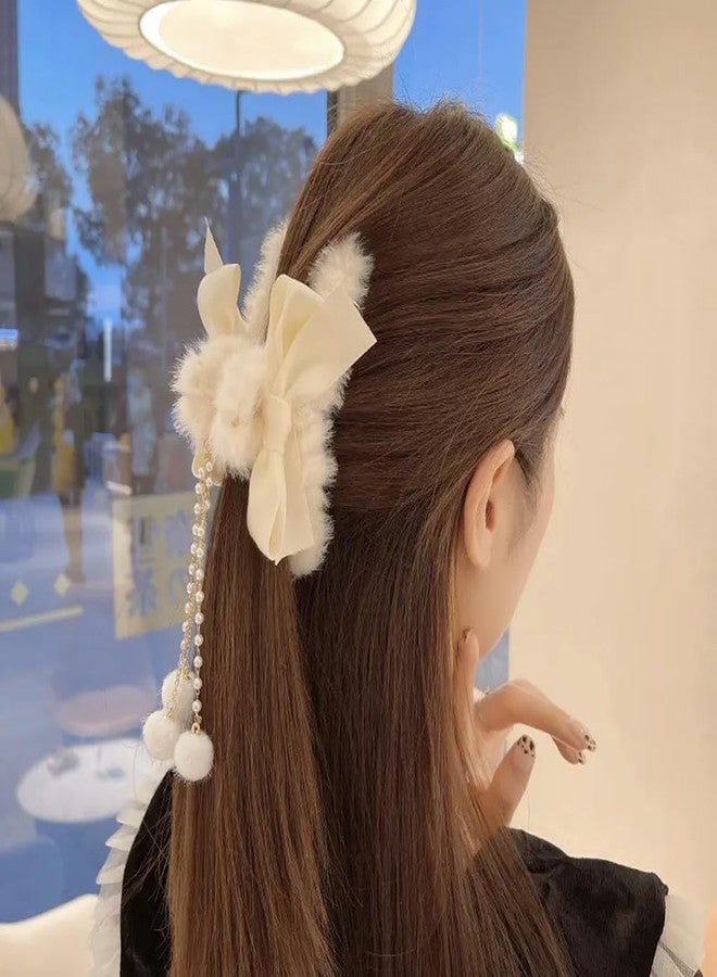 RHOSYN HAIR ACCESSORIES Korean Faux Fur Large Hair Claw Clip For Women & Girls Elegant Stain Bow Hair Clutcher Ponytail Holder Vintage Long Pearl Tassel Pk-2 (Beige & White Color) A - Image 2
