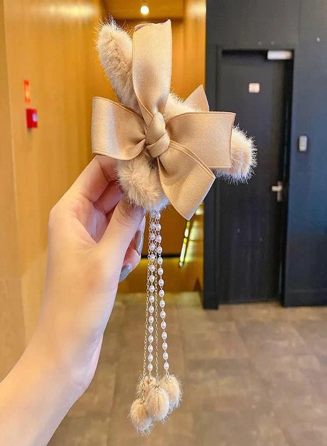 RHOSYN HAIR ACCESSORIES Korean Faux Fur Large Hair Claw Clip For Women & Girls Elegant Stain Bow Hair Clutcher Ponytail Holder Vintage Long Pearl Tassel Pk-2 (Beige & White Color) A - Image 5