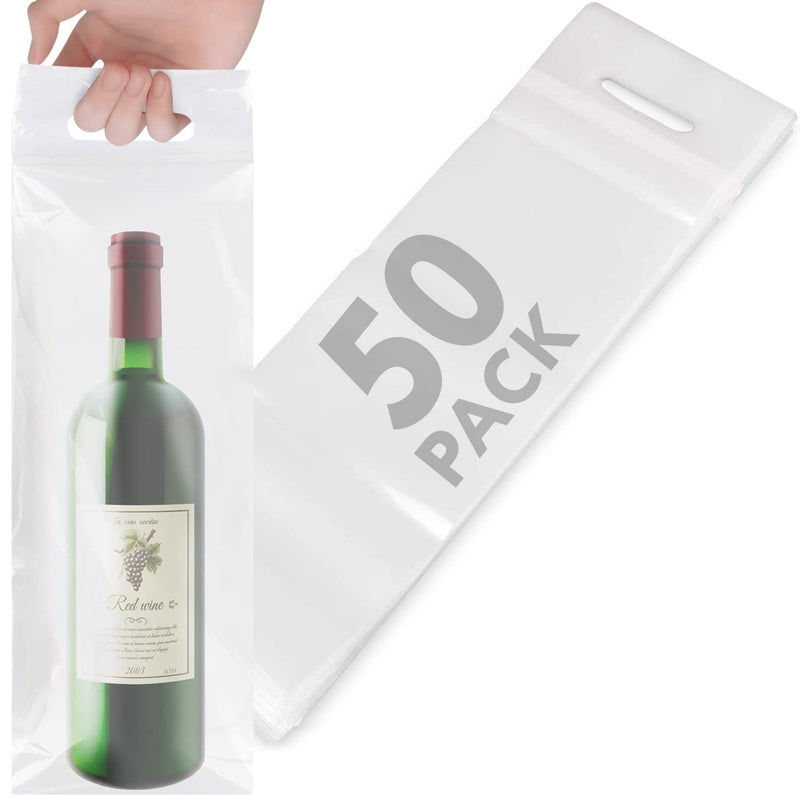 IMPRESA - Clear Plastic To Go Wine Bags with Handles - 50 Pack - Great for Restaurants, Bars, Travel, and Housewarming Gifts - Fits 25 oz Bottles - Tamper Proof Seal - Image 1
