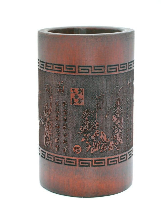 Medifier Vintage Chinese Bamboo Wood Desk Pen Pencil Cup Holder (plum blossoms, orchid, bamboo and chrysanthemum) - Image 4