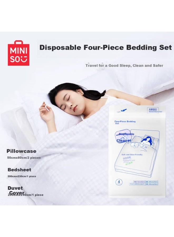 Miniso مجموعة أغطية سرير سفر قابلة للاستخدام مرة واحدة من ميني سو - 4 قطع، أغطية سرير، غطاء وسادة، غطاء لحاف، مجموعة سرير مزدوج *2 عبوة - Image 1