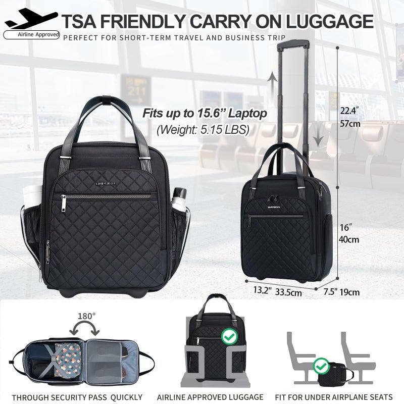 EMPSIGN Underseat Carry On Wheeled - 16" Carry on Bag with Wheels Multi-functional Lightweight Rolling Bag Overnight Weekender Small Suitcase for Women Men Travel Business, Black - Image 2