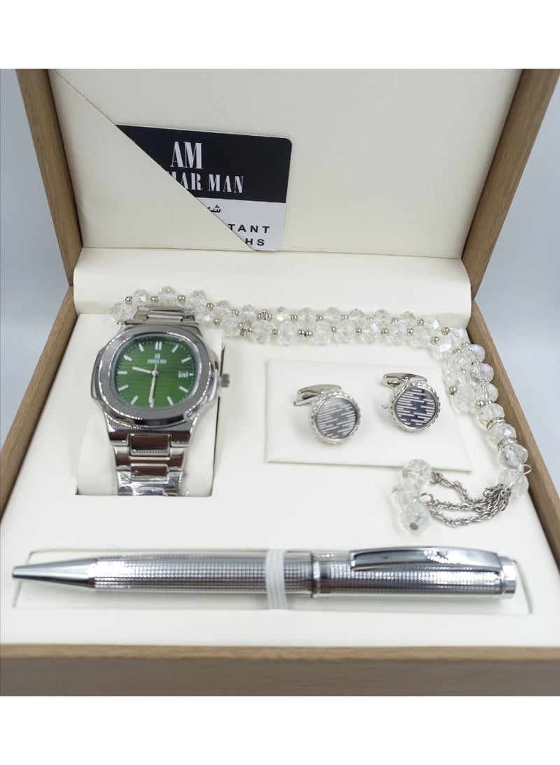 ANEMAR MAN A high-quality, elegant men's gift set including a watch, pen, prayer beads, cufflinks, and a silver bracelet with a green dial.