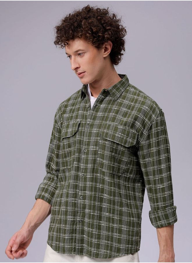 The Indian Garage Co Men Relaxed Fit Checkered Full Sleeves Cutaway Collar Double Flap Pocket Resort Wear Shirt  - Image 3