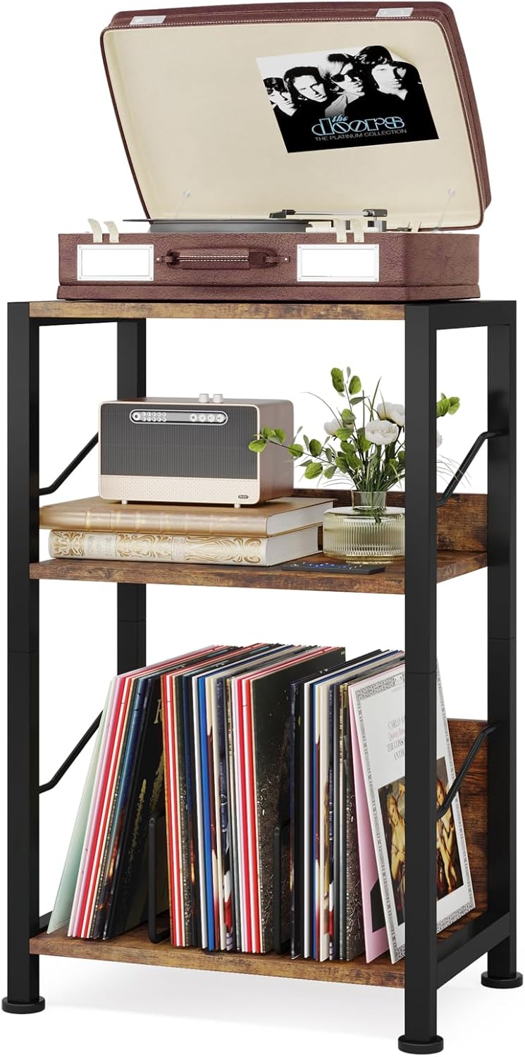 Hosfais 3 Tier Record Player Stand, Retro Vinyl Storage End Table Records for Living Room Bedroom (Brown) - Image 1