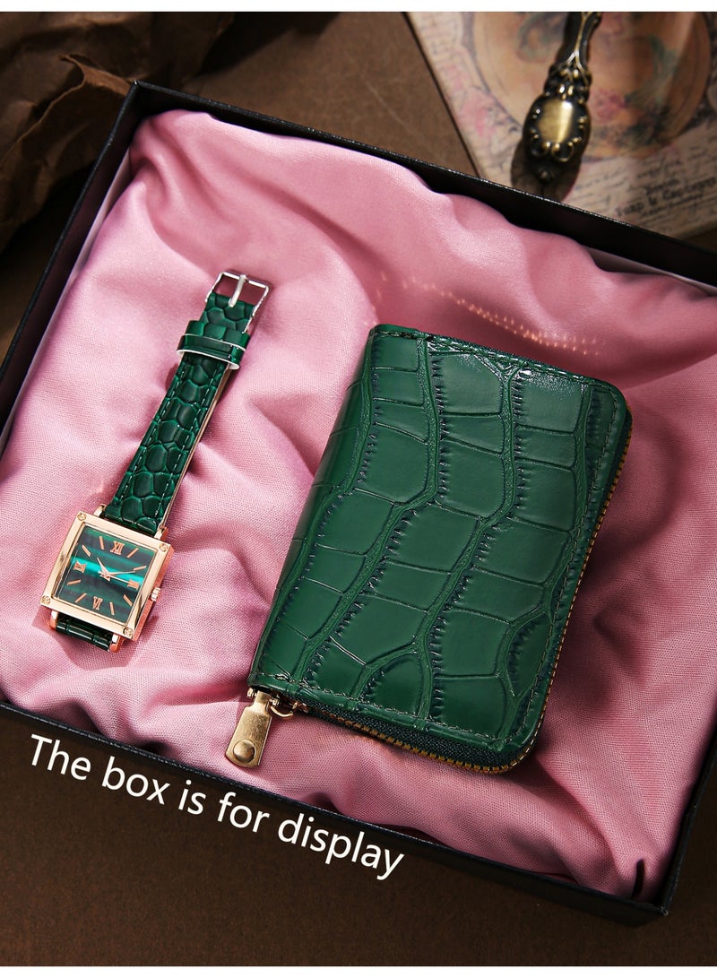 2 قطعة من السيدات ضوء الفاخرة بو الجلود الخضراء ووتش مجموعة ، مع نفس لون المحفظة ، هدية مثالية لعيد ميلادها