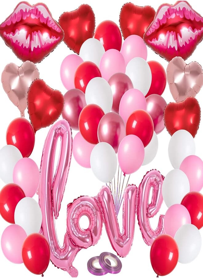 Whaline - Whaline Valentine's Day Pink Love Balloons Set, Includes Love Foil Balloon, Lip Balloons,Heart Foil Balloons, Latex Balloons and Pink Ribbons, Wedding Bridal Shower Engagement Party Decor (43 Pack) - Image 1