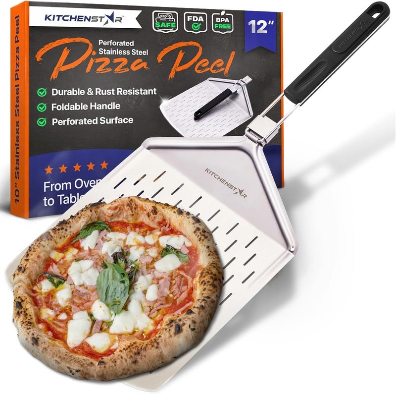 KitchenStar Perforated Pizza Peel 12 inch with 10 inch Folding Handle Medium  Stainless Steel Spatula Paddle for Effortless Pizza Transfer  Easy Storrage  Outdoor Pizza Oven Accessories