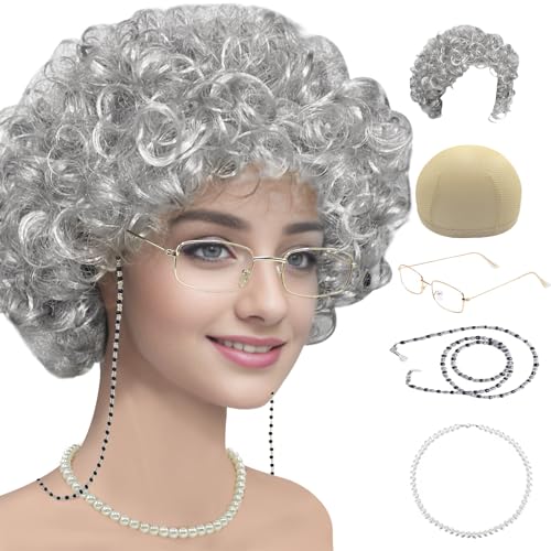 Cupohus Old Lady Costume Set Grandma Wig 100 Days of School Costume Madea Granny Glasses Eyeglass Chains Cords Faux Pearl Bead Necklace Old Lady Cosplay Set 5 Pieces (silver white afro) - Image 1