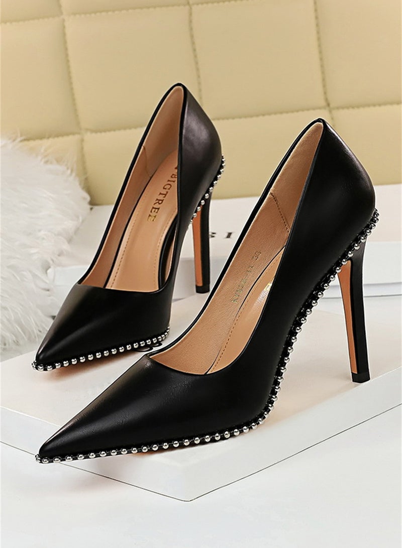 بيج تري إمرأة نمط عال كعب خف إصبع قدم برشام حذاء 10cm أسود - Image 1