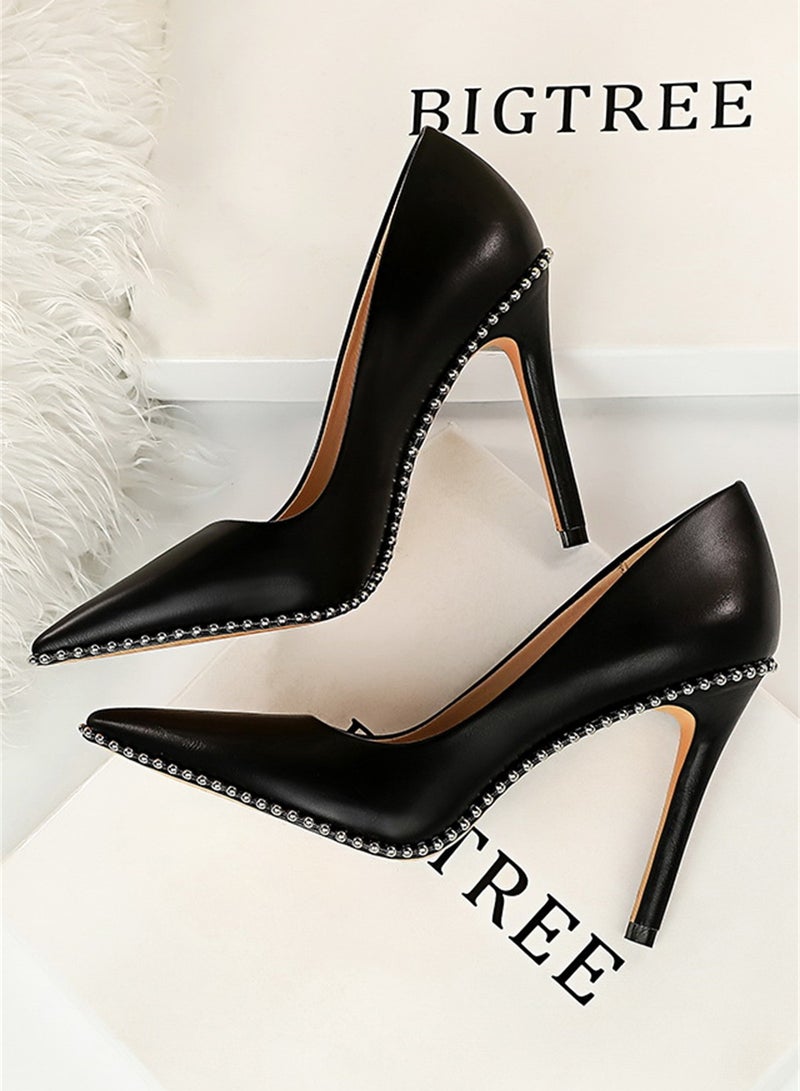 بيج تري إمرأة نمط عال كعب خف إصبع قدم برشام حذاء 10cm أسود - Image 2