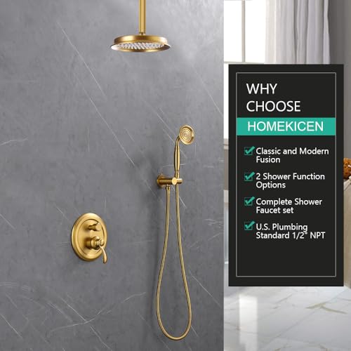 Homekicen Antique Shower Faucet-Sets Complete: Ceiling Mount Rain Shower System, 9 inch Rainfall Head and Handheld Spray, 2 Way Diverter Brass Rough in Valve with Trim Kit, Brushed Gold - Image 2