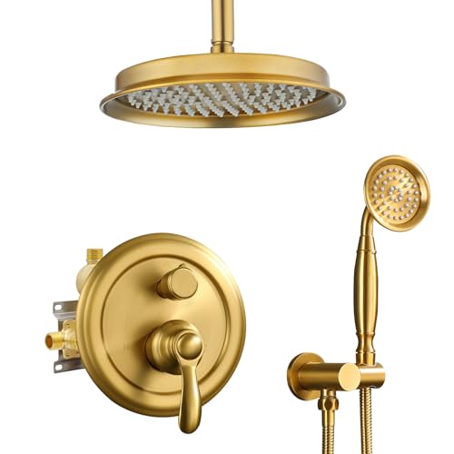 Homekicen Antique Shower Faucet-Sets Complete: Ceiling Mount Rain Shower System, 9 inch Rainfall Head and Handheld Spray, 2 Way Diverter Brass Rough in Valve with Trim Kit, Brushed Gold - Image 1
