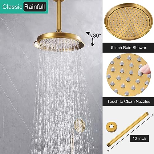 Homekicen Antique Shower Faucet-Sets Complete: Ceiling Mount Rain Shower System, 9 inch Rainfall Head and Handheld Spray, 2 Way Diverter Brass Rough in Valve with Trim Kit, Brushed Gold - Image 4