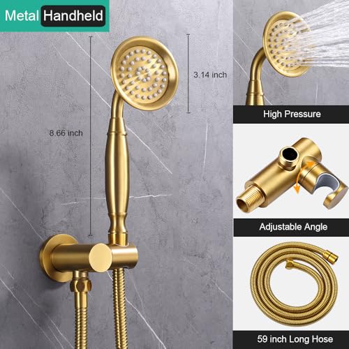 Homekicen Antique Shower Faucet-Sets Complete: Ceiling Mount Rain Shower System, 9 inch Rainfall Head and Handheld Spray, 2 Way Diverter Brass Rough in Valve with Trim Kit, Brushed Gold - Image 5