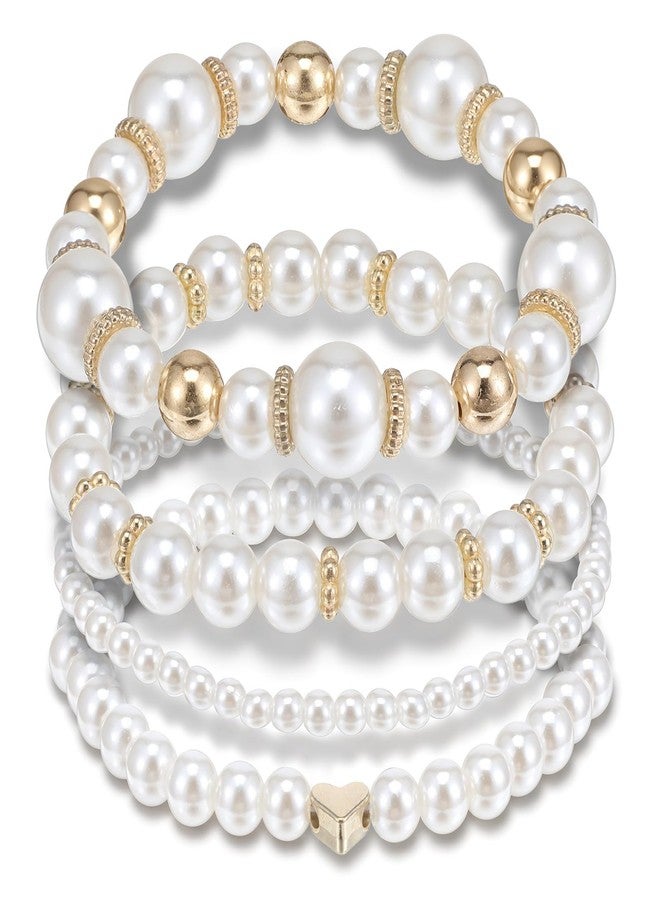 Yolev 4Pcs Gold Pearl Bracelets For Women Stackable Stretch Bead Bracelets Multilayered Elastic White and Gold Pearl Bracelet For Women Bridesmaid Bridal Wedding Jewelry (Gold) - Image 1