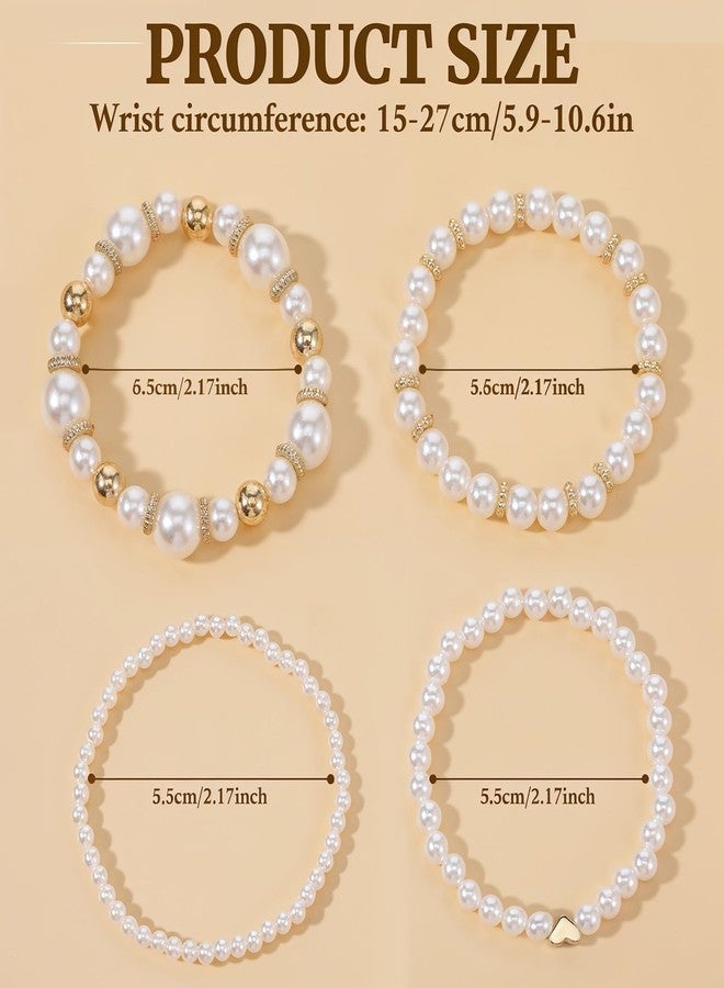 Yolev 4Pcs Gold Pearl Bracelets For Women Stackable Stretch Bead Bracelets Multilayered Elastic White and Gold Pearl Bracelet For Women Bridesmaid Bridal Wedding Jewelry (Gold) - Image 2
