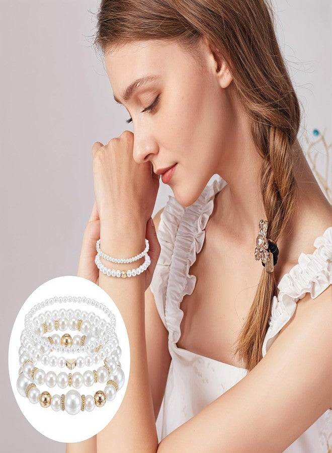 Yolev 4Pcs Gold Pearl Bracelets For Women Stackable Stretch Bead Bracelets Multilayered Elastic White and Gold Pearl Bracelet For Women Bridesmaid Bridal Wedding Jewelry (Gold) - Image 5