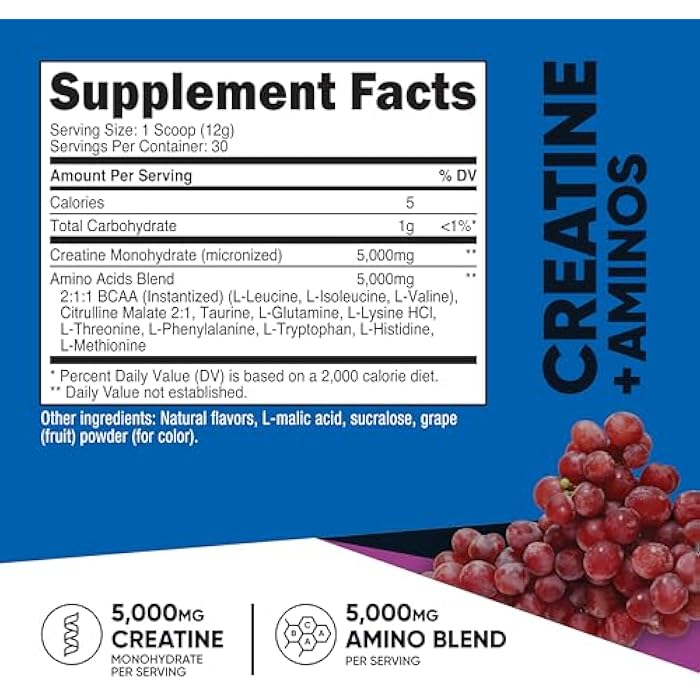 Nutricost Creatine + Aminos 30 Servings (Grape Flavored) - 5,000mg Creatine Monohydrate + 5000mg Amino BCAA Blend Per Serving - Image 2