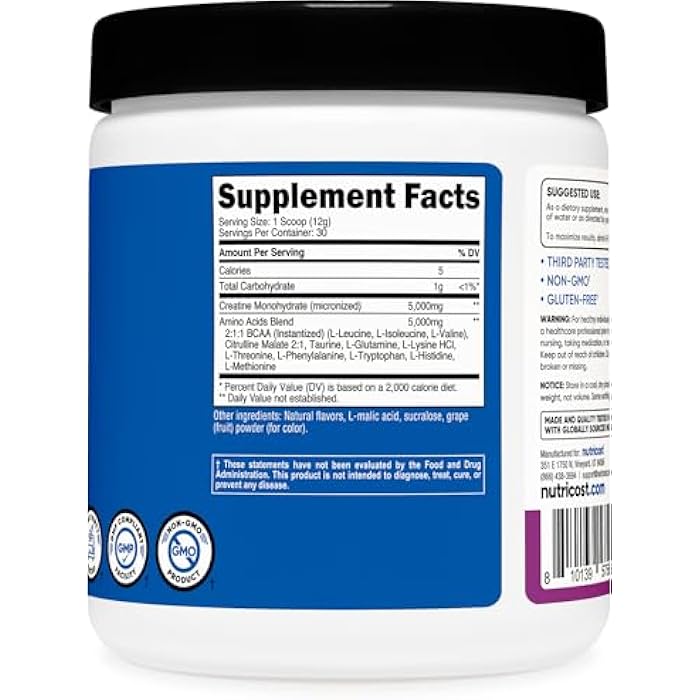 Nutricost Creatine + Aminos 30 Servings (Grape Flavored) - 5,000mg Creatine Monohydrate + 5000mg Amino BCAA Blend Per Serving - Image 5