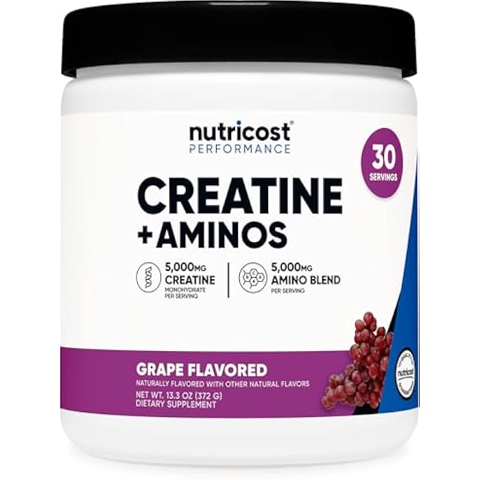 Nutricost Creatine + Aminos 30 Servings (Grape Flavored) - 5,000mg Creatine Monohydrate + 5000mg Amino BCAA Blend Per Serving - Image 1