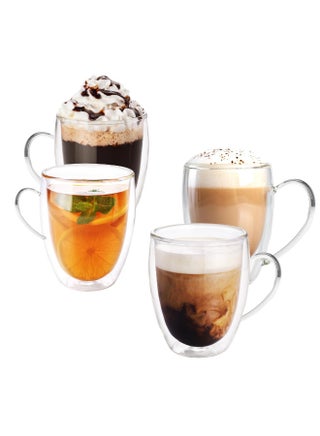 Double Wall Glass Coffee Mugs Set of 4 | 350ml Insulated Heat Resistant Glass Cups with Handle for Latte, Cappuccino, Tea & Coffee | Clear Double Walled Beverage Mugs