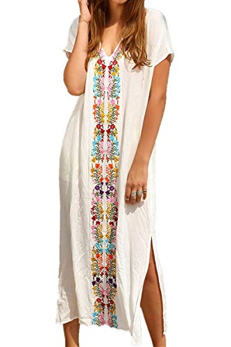 YouKD Summer Embroidered Floral Loose Caftan Boho Beach Cover Up Dress Plus Size Robe for Women - Image 1