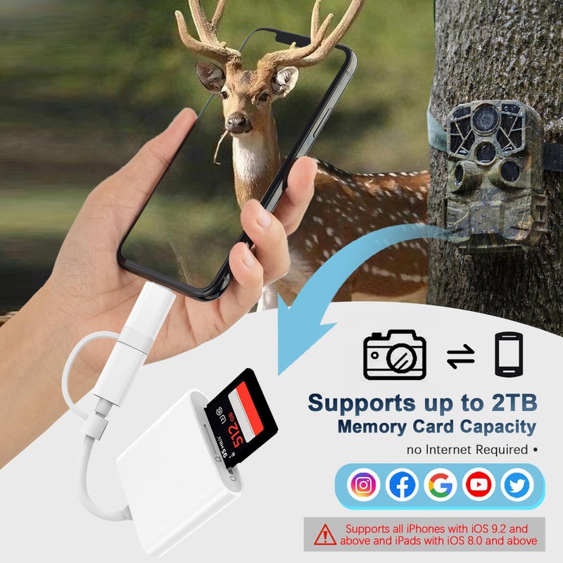 DCNETWORK SD Card Reader for iPhone iPad, Dual Connector (Lightning&USB-C) Memory SD Card Adapter, Support SD/MicroSD Cards, High-Speed Digital Trail Camera to iPhone Viewer, Plug and Play - Image 5