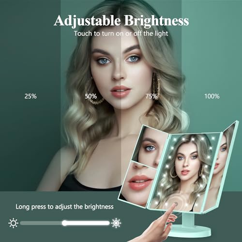 HUONUL Makeup Mirror Vanity with Lights, 2X 3X 10X Magnification, Lighted Mirror, Touch Control, Trifold Dual Power Supply, Portable LED Women Gift (Green) - Image 3