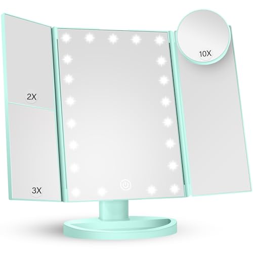 HUONUL Makeup Mirror Vanity with Lights, 2X 3X 10X Magnification, Lighted Mirror, Touch Control, Trifold Dual Power Supply, Portable LED Women Gift (Green) - Image 1