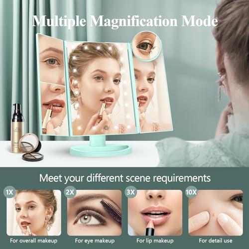 HUONUL Makeup Mirror Vanity with Lights, 2X 3X 10X Magnification, Lighted Mirror, Touch Control, Trifold Dual Power Supply, Portable LED Women Gift (Green) - Image 4