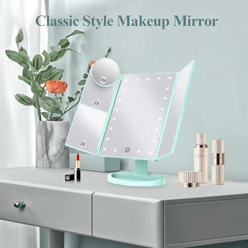 HUONUL Makeup Mirror Vanity with Lights, 2X 3X 10X Magnification, Lighted Mirror, Touch Control, Trifold Dual Power Supply, Portable LED Women Gift (Green) - Image 2