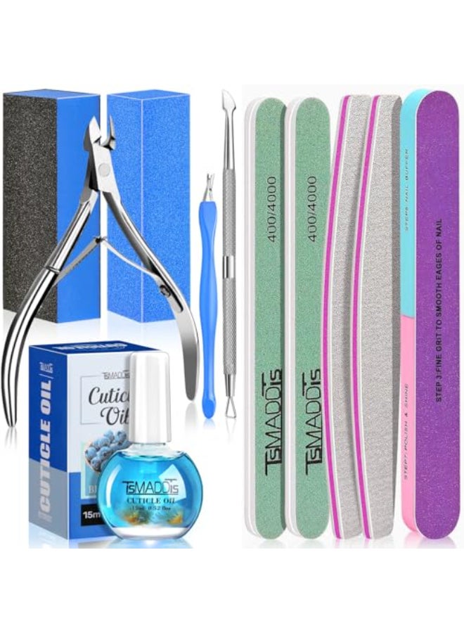 TsMADDTs Nail Manicure Kit with 3 Nail Files 2 Buffer Blocks Cuticle Tool with Trimmer Pusher and Cuticle Oil for Women Nail Care - Image 1
