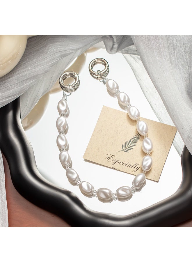 NIBEMINENT Beaded Phone Lanyard, Anti Lost Removable Wrist Strap, Alien Pearl Bracelet Pendant, Phone Keychain Lanyard, White