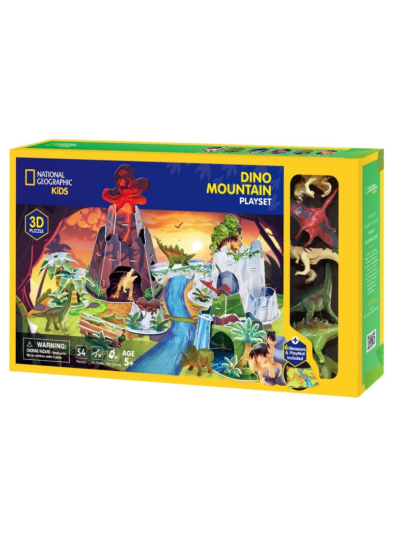 National Geographic Kids 3D Puzzle Dino Mountain Playset 54-Pieces with 6 Dinosaur Figures & Playmat | No-Glue or Scissors Needed! | Building Kit | Puzzle for Kids | Challenging Puzzle | Arts & Crafts | Perfect for Stress Reliever and Puzzle Lovers - Image 1