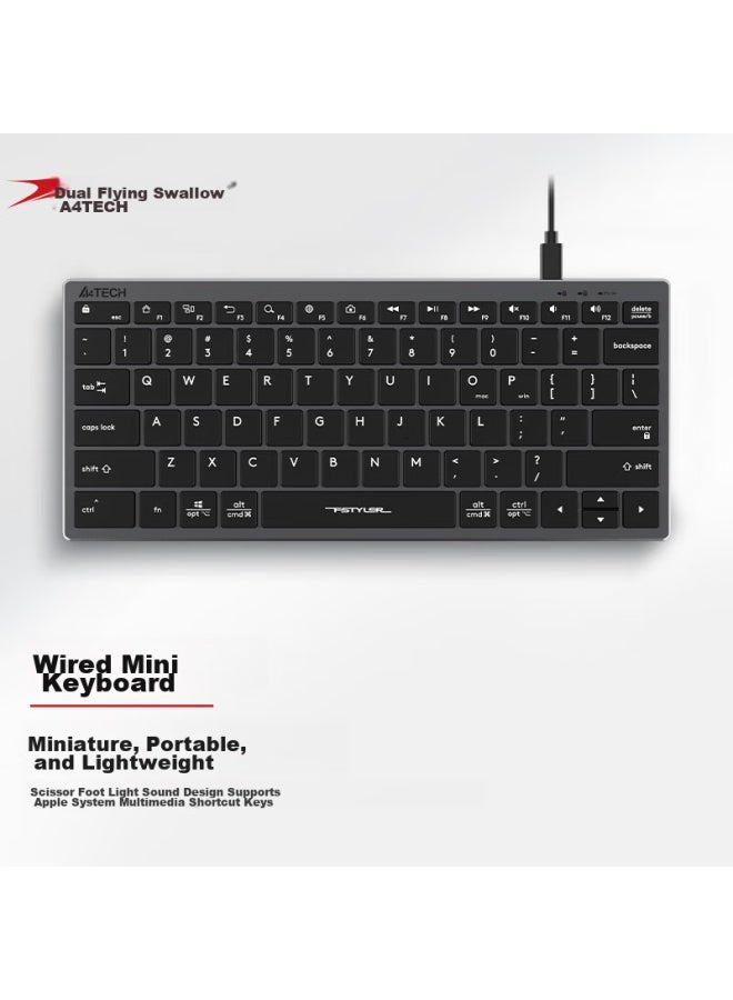 A4tech Fx51 Wired Compact Keyboard, Quiet Laptop Office Typing Dedicated Portable Short 78-key, Fei Shidai Scissor Foot Keyboard, Iron Gray - Image 1