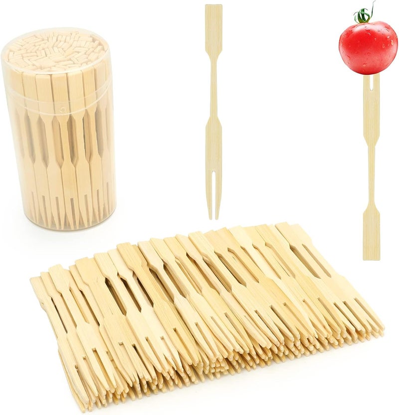 Mini Bamboo Forks 3.5 Inches, Small Forks Dessert, Cocktail Forks, Double Prong Toothpicks for Appetizer, Disposable Wooden/Wood Food Picks for Charcuterie Board Accessories. 110 P - Image 1