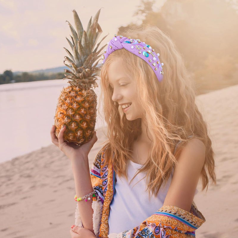Jaciya Pearl Headband for Girls Rhinestone Headband for Women Wide Knotted Purple Hairband for Women Starfish Head Band Mermaid Birthday Party Decorations - Image 5