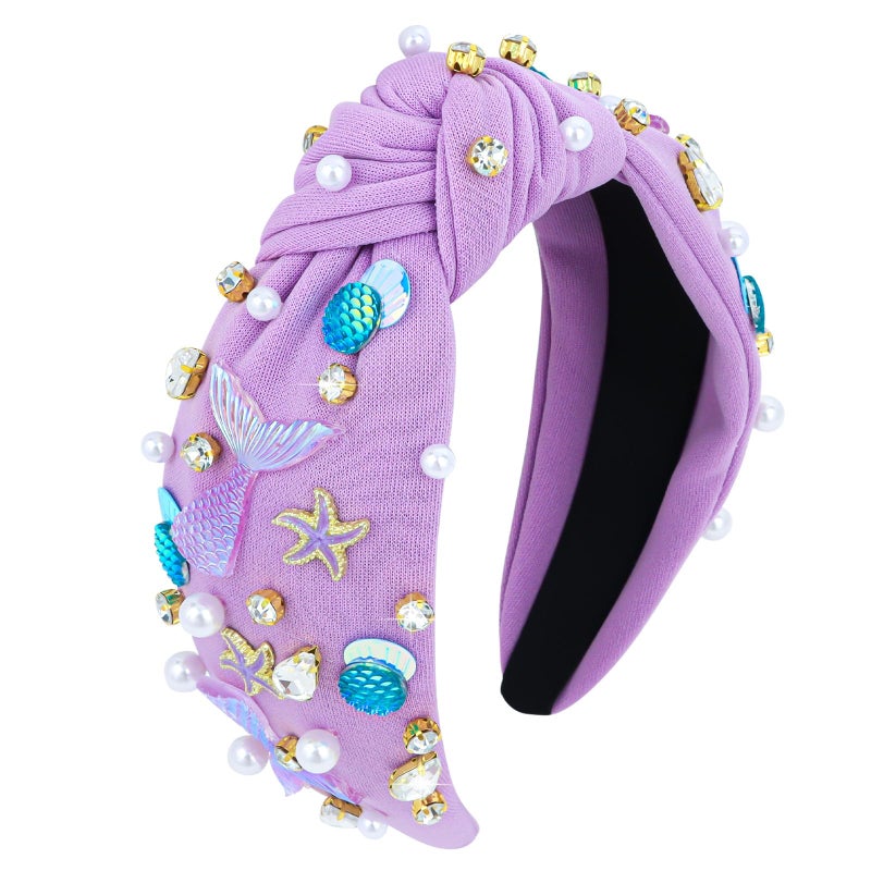Jaciya Pearl Headband for Girls Rhinestone Headband for Women Wide Knotted Purple Hairband for Women Starfish Head Band Mermaid Birthday Party Decorations - Image 1