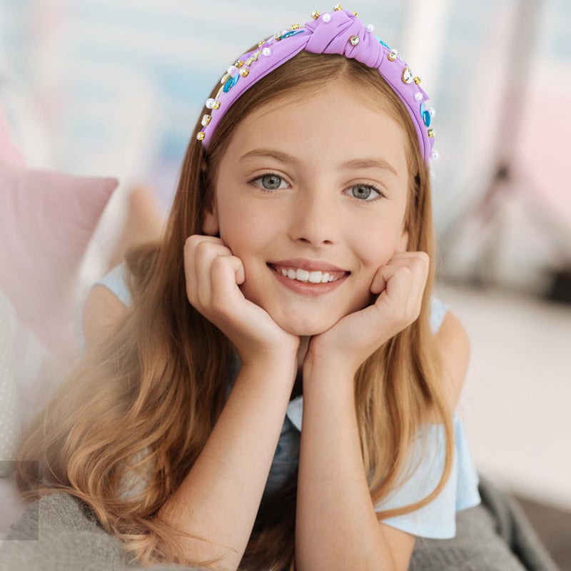 Jaciya Pearl Headband for Girls Rhinestone Headband for Women Wide Knotted Purple Hairband for Women Starfish Head Band Mermaid Birthday Party Decorations - Image 4