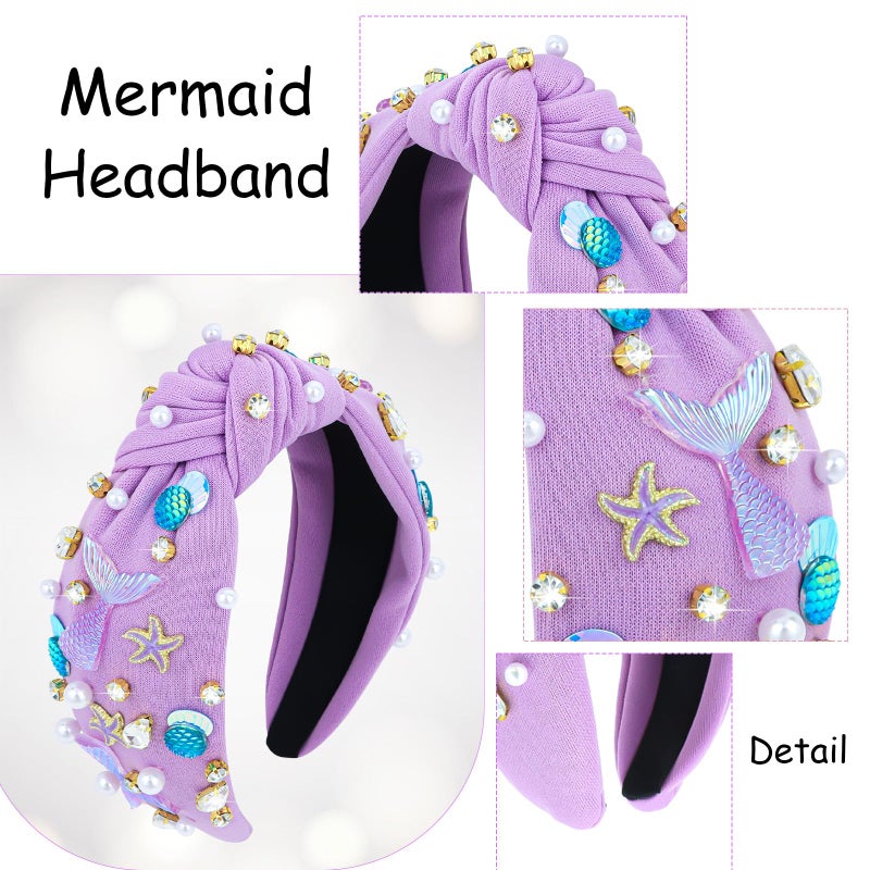 Jaciya Pearl Headband for Girls Rhinestone Headband for Women Wide Knotted Purple Hairband for Women Starfish Head Band Mermaid Birthday Party Decorations - Image 2