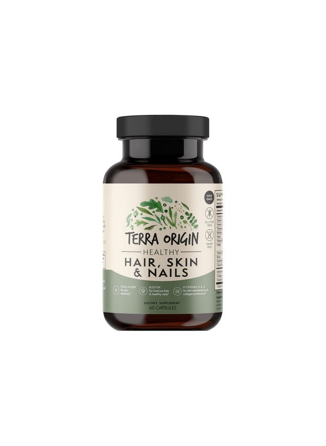 Terra Origin - Healthy Hair Skin & Nails Vitamins ; 60 Veggie Capsules ; Gluten Free ; Non Gmo ; Made In The Usa ; 5000 Mcg Biotin ; 200 Mg Collagen ; Vitamin A C D B6 And B12 - Image 1