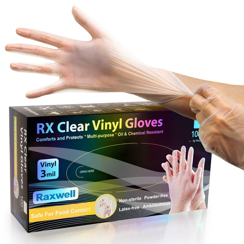 Raxwell 3 Mil Vinyl Disposable Gloves - Food Safe Gloves for Food Prep & Cleaning - Latex & Powder Free - Large, Clear, Pack of 100 - Image 1
