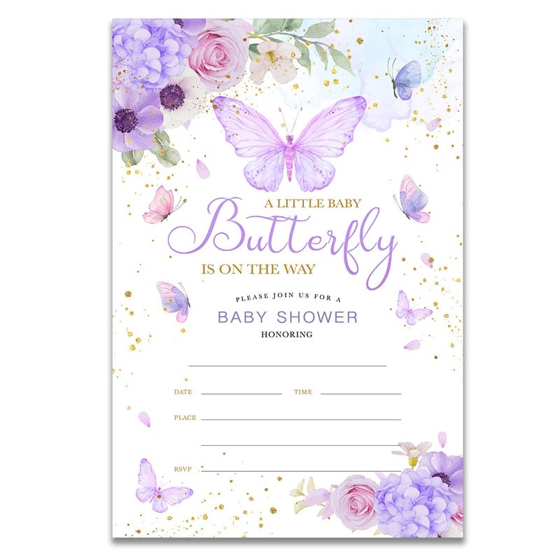 YIDOU Purple Butterfly Baby Shower Party Invitations Girl Butterfly Theme Fill in Invites Cards 20 Invitations and Envelopes Double Sided