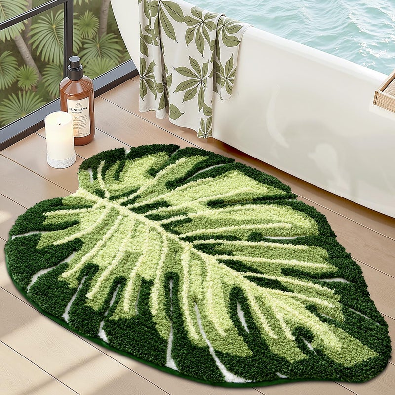 LUMI Cute Bathroom Rugs with Green Leaf Plant, Soft, Fluffy, Plush, Absorbent, Quick Dry, Non Slip, Machine Washable for Shower Floor, Bathroom, Bedroom,Kids Room, 23.5"x31.5", Monstera - Image 1