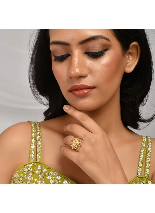 فويلا Abharan Red Stone Floral Cocktail Ring