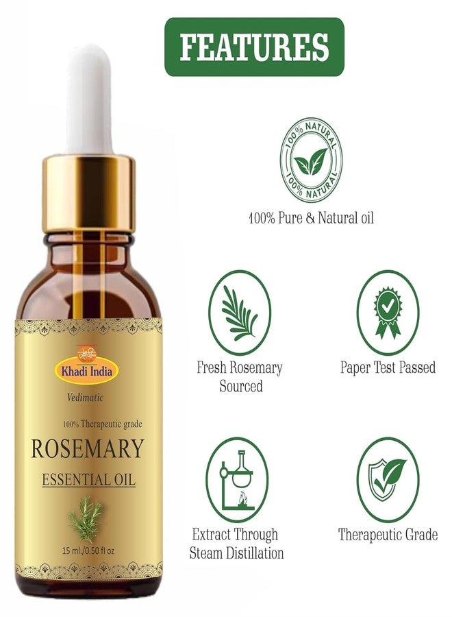 Vedimatic Khadi 100% Pure Rosemary Essential Oil - Hair Growth, Fall Control & Skin Care | Ecocert Certified Organic 15ml - Image 2