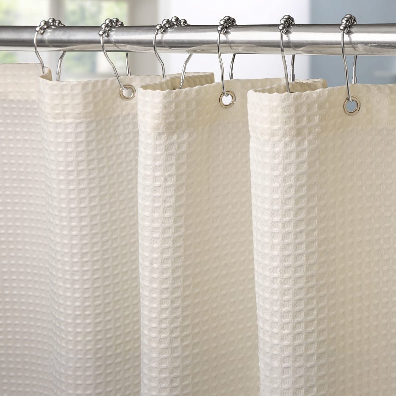 VANZAVANZU Shower Curtain for Bathroom with Metal Hooks Waffle Fabric Shower Curtain Heavy Duty Bath Curtain for Wet Room Bathtub Shower Stall Weighted Hem Water Resistant  92 x 182cm Cream