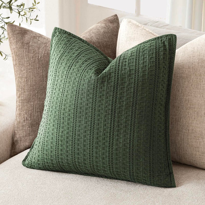Foindtower Set of 2 Decorative Cotton Waffle Weave Throw Pillow Covers Euro Shams Cushion Covers Accent European Pillowcase for Bed Couch Sofa Bedroom Living Room Home Decor 24Ã—24 Inch Dark Green - Image 5