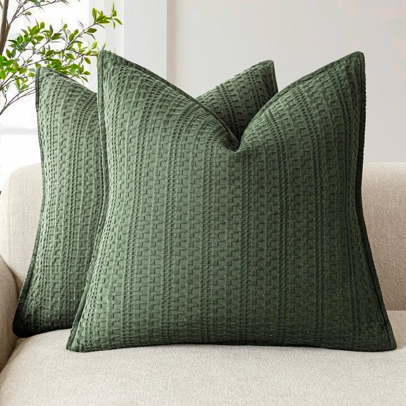 Foindtower Set of 2 Decorative Cotton Waffle Weave Throw Pillow Covers Euro Shams Cushion Covers Accent European Pillowcase for Bed Couch Sofa Bedroom Living Room Home Decor 24Ã—24 Inch Dark Green - Image 1